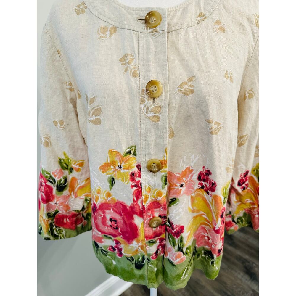 Linen Floral Button Up Jacket Top Women’s 12 Tan Pink Lagenlook Lightweight - Picture 2 of 10